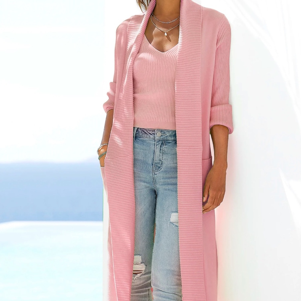 NWT Lascana Open Front Long Knit Cardigan PINK